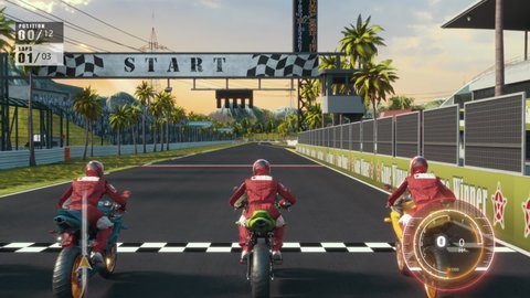 Speed Moto Bike Racing On The Track 3d Video Game Imitation With Interface. Bikes Compete On The Sports Track. Gameplay Screen