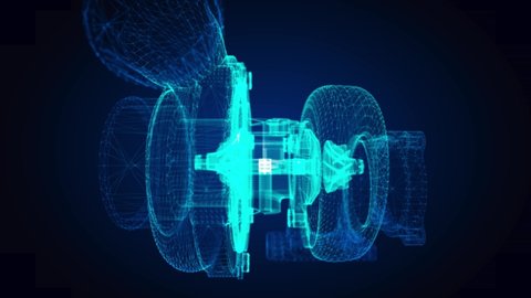 Turbocharger abstract polygonal line 3d model. Turbine in motion, lines and connected to form. Digital technology visualization.