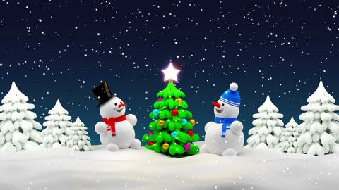Christmas tree and snowman in winter forest snowy night scene. Looped animation.