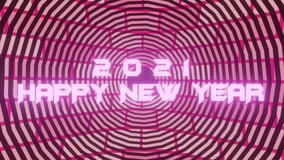 Happy New Year Theme - HD video animation with pink color neon 2021 and HAPPY NEW YEAR  number and text, isolated on circular motion retro style background.
