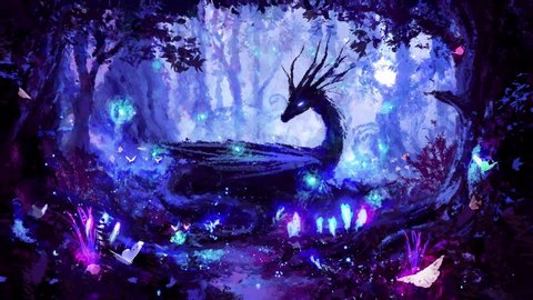 A beautiful black dragon in a night forest, peacefully lying in a clearing, surrounded by many trees, fireflies, and luminous plants, painted with imitation oil. Looped video