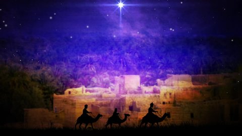 Christmas Background. Three Wise Men On Camels Approaching Bethlehem