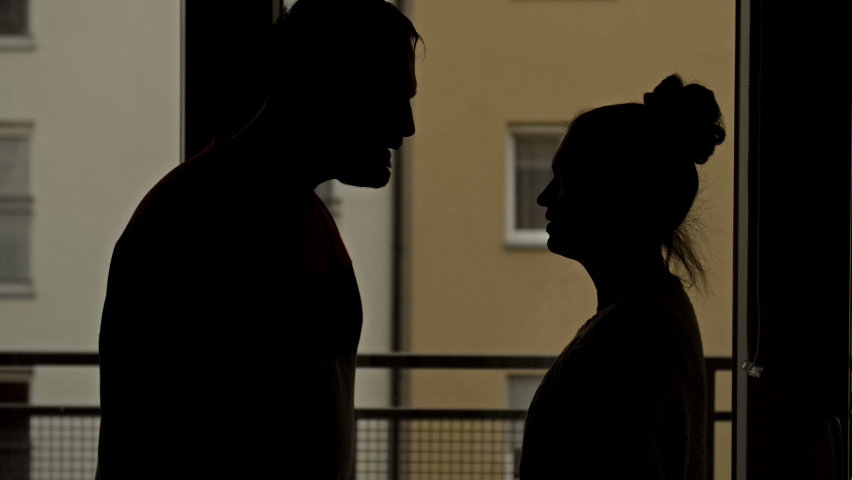 Silhouettes of a quarreling couple in the dark against the background of a night window. | Shutterstock HD Video #1063889143