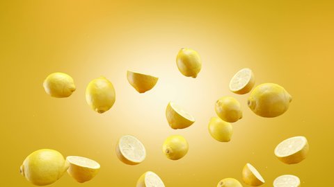Flying of Lemon and Slices in Yellow Background. Speed up and falling down lemons with green screen. Professional slow motion 4K 3d animation.