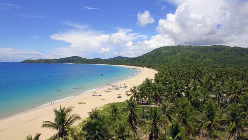 Aerial view of palm trees and turquoise ocean water at Nacpan Beach in El Nido, Palawan Island, Philippines. Royalty-Free Stock Footage #1063890883