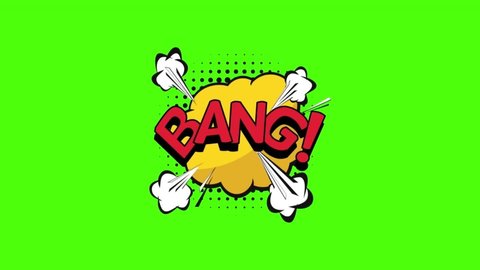 Comic strip speech bubble cartoon animation, with the words bang!. red text, green background