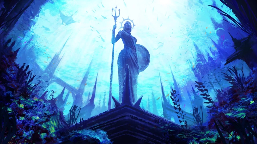 A statue of the Greek goddess with a shield and a trident, stands in an underwater city surrounded by fish and corals, against the background of the water kingdom is painted. Looped video