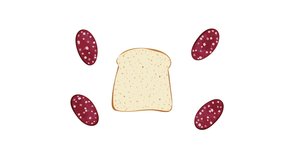 Sandwich with sliced sausage flat animation. Bread with meat 4k video. Snack food.
