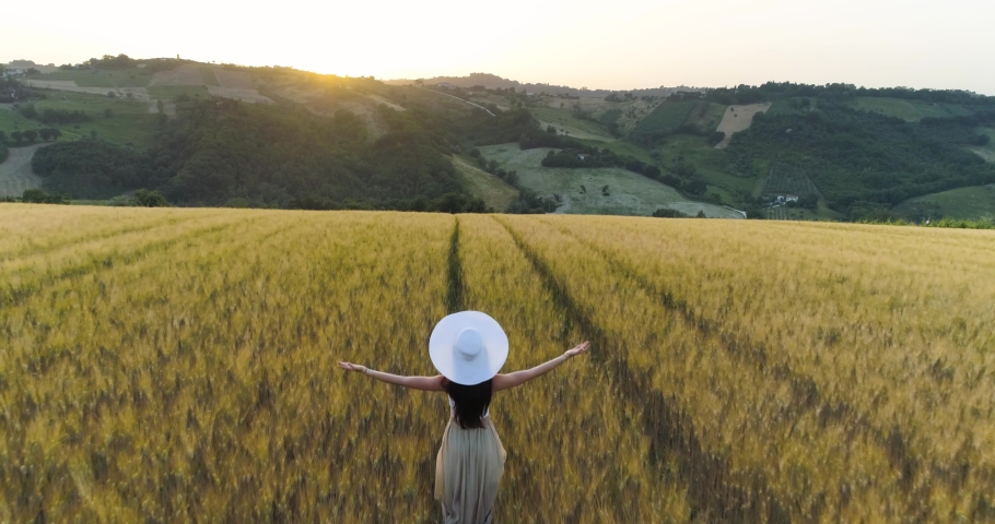 A beautiful woman standing in wheat field during sunset in summer by drone. Carefree girl relaxing in nature and opening her arms during romantic summertime moment. Natural healthy lifestyle. 4K. | Shutterstock HD Video #1063893532