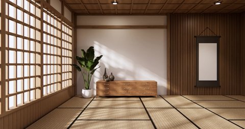 The Nihon room design interior with door paper and tatami mat floor room japanese style. 3D rendering