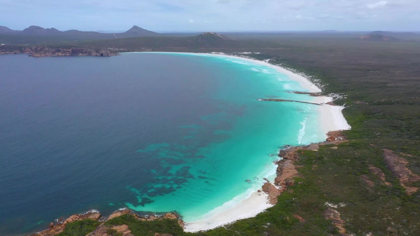 Aerial view of Lucky bay near Esperance viewed during a cloudy day, Australia