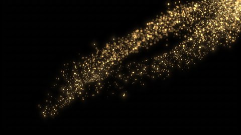 4K Golden particles and sparkles. Christmas gold glitters. Bokeh lights. 3D glowing dust trail. Logo revealer. Intro animation. Isolated on black. 2021 New year