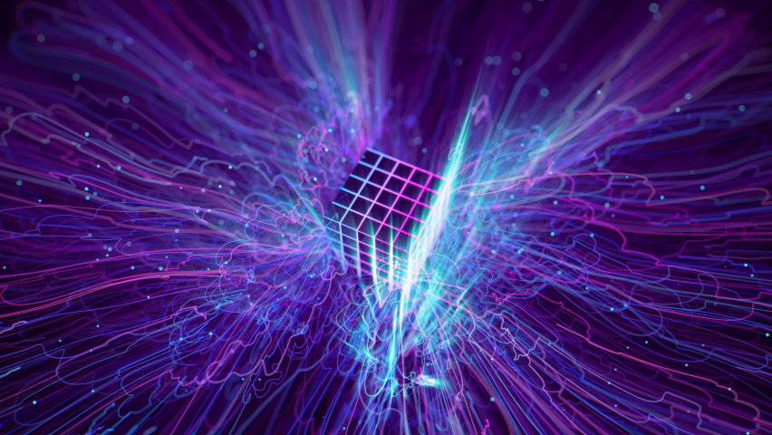 4K Futuristic technology. Cyber cube. Neon wireframe. Abstract motion background. Glowing energy lines. Wavy trails. 3840x2160p | Shutterstock HD Video #1063903108