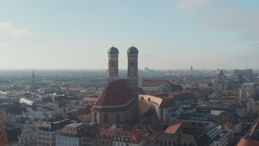 Famous Frauenkirche Cathedral, Church of Our Lady in Munich City Center, Aerial Dolly in Royalty-Free Stock Footage #1063905271