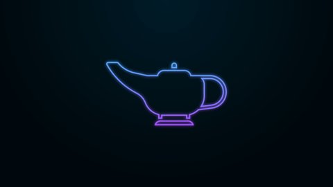 Glowing neon line Magic lamp or Aladdin lamp icon isolated on black background. Spiritual lamp for wish. 4K Video motion graphic animation.