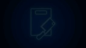 Glowing neon line Cutting board and meat chopper icon isolated on black background. Butcher knife. Chopping board symbol. 4K Video motion graphic animation.