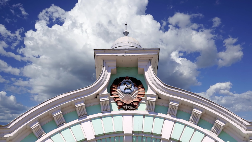 The building of the Belorussky (Belarusian) railway station against the moving clouds-- is one of the nine main railway stations in Moscow, Russia.