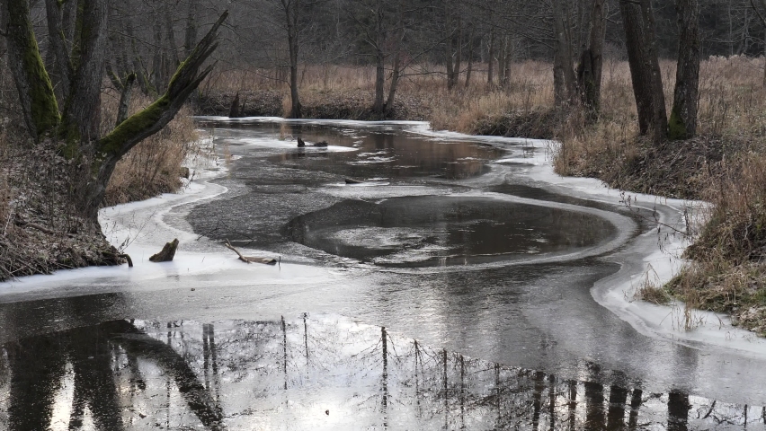 forest winding river first ice on water