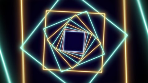 Neon square shaped light structures create a thrilling VJ tunnel. Animation of seamless loop.