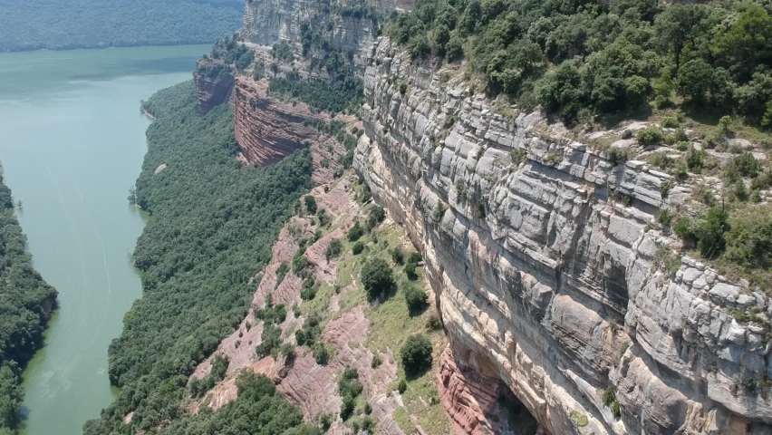 Aerial views of Tavertet cliffs in Catalonia and Sau lake