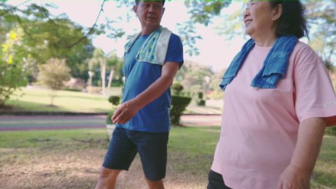Asian senior couple walking under trees inside public park, healthy retirement life, family spending time together, happy smiling middle age couple during exercise, outdoor activities on sunny day