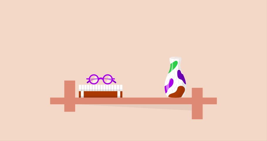 2D flat animation isolated on background. 4k video of bookshelves with favorite books, office plant, vase and glasses.
