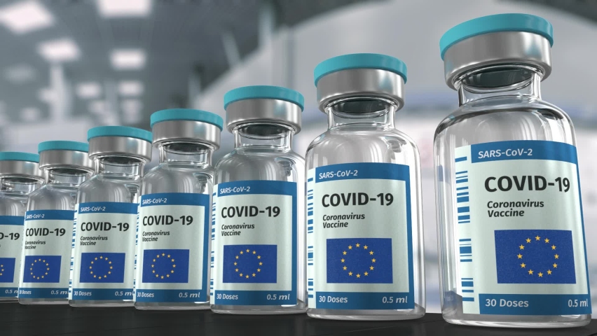 COVID-19 Coronavirus vaccine from European Union production line looped video. Royalty-Free Stock Footage #1063921735
