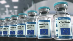 COVID-19 Coronavirus vaccine from European Union production line looped video. - Powered by Shutterstock - Get 15% off with code: PIKWIZARD15