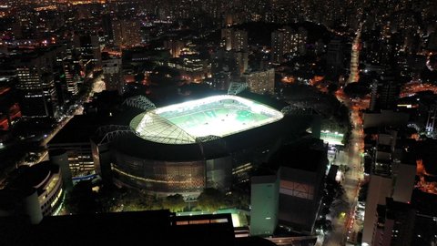 Soccer stadium. Football stadium. Night Allianz Arena landscape, Sao Paulo. Metropolitan capital city. Panorama view of city night scenery. Metropolis landscaping. Soccer stadium. Football stadium.