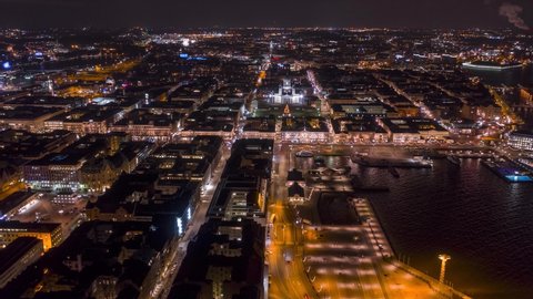Aerial timelapse of Helsinki downtown area at night.