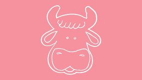 The silhouette of a white cow turns on a pink background. Animation, motion graphics. Symbol of the year 2021