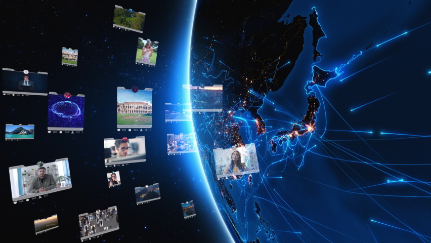 Blue rotating Earth with bright connections and social media interfaces. Futuristic and connected world with augmented reality elements. Asia map with city lights. | Shutterstock HD Video #1063940962