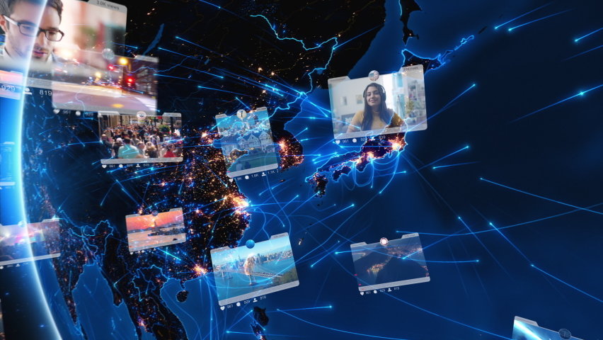 Blue rotating Earth with bright connections and social media interfaces. Futuristic and connected world with augmented reality elements. Asia map with city lights. Royalty-Free Stock Footage #1063940962