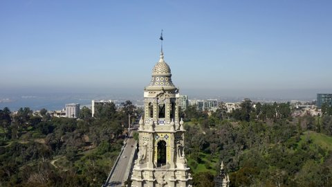 Aerial drone view of Historical Balboa Park with a few of Downtown San Diego California.