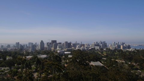 Aerial drone view of Historical Balboa Park with a few of Downtown San Diego California.