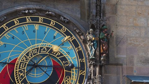 Detail of the Skeleton at the famous singing Astronomical Clock of Prague, also called Orloj. Orloj is the main tourist attraction in the Old Town Square of Prague. 4K UHD video.