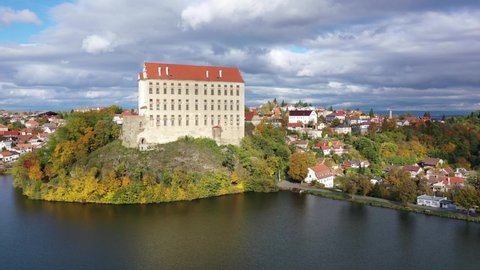 Aerial cityscape of castle in Czech town Plumlov, Olomouc Region