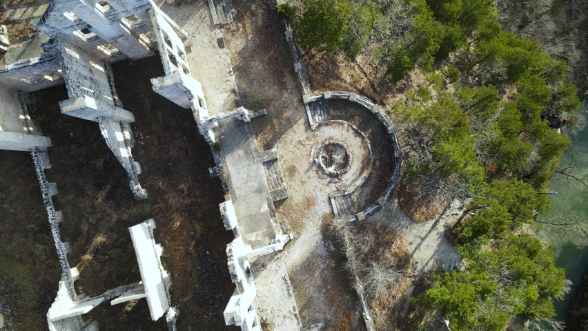 Destroyed Mystical Castle Buildings Ruins, Aerial Overhead View