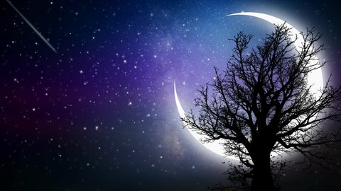 Beautiful moon on a dark background, night fantasy, shooting stars, loop animation background.