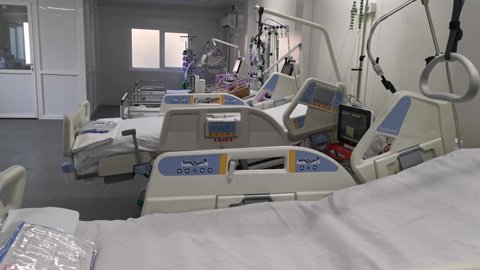 Bucarest , Romania - 12 09 2020: Intensive care room of a hospital with empty beds.