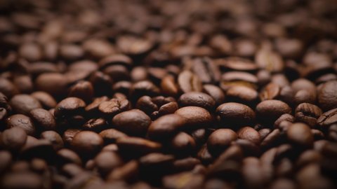 fresh roasted coffee beans background. (dolly shot)
