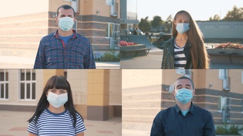 Group of people in safety mask. People go out after lockdown. Medical mask on face. Social distance after quarantine. Collage of people in security mask. Family at social distance. Mask on people face
