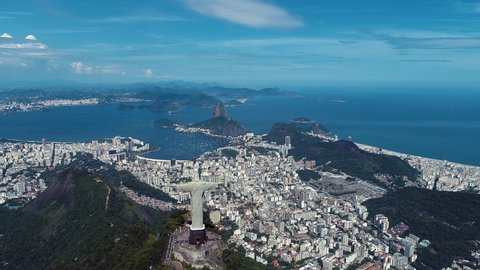 Rio de Janeiro, Brazil. Christ Reedemer. Panorama view of Rio de Janeiro scenery. Christ Redeemer at Sugarloaf Mountain. Rio de Janeiro, Brazil. Coastal city landscape. Rio de Janeiro skyline city.