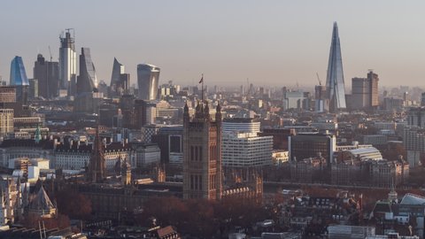 Establishing Aerial View Shot of London UK, City Skyline, Westminster, Parliament, Palace of Westminster, United Kingdom, nice sunny morning