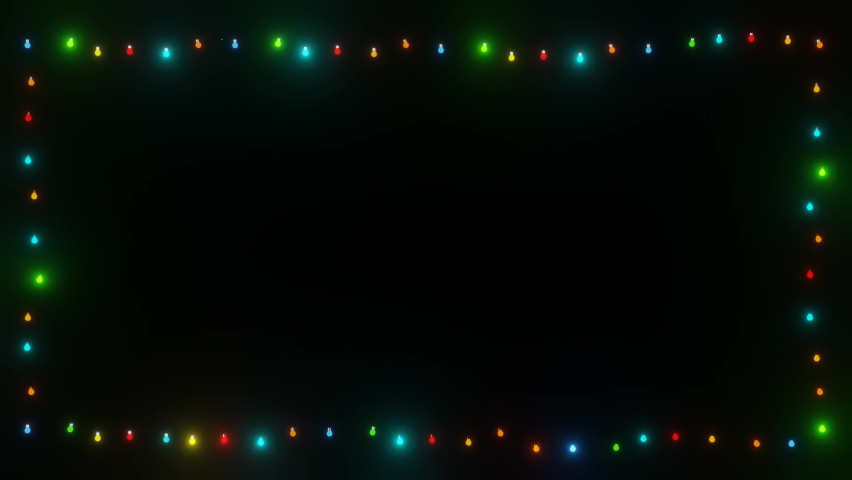 String of colorful light bulbs. Looping Christmas frame with pattern of glowing tungsten lights. 3D rendering motion animation.