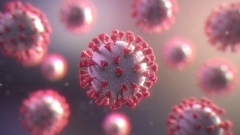 Realistic coronavirus medical background. Close-up center view of the corona virus under microscope. SARS-CoV-2 COVID-19 pandemic outbreak concept. Realistic high quality medical 3d animation.