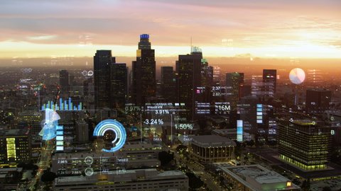 Augmented reality elements over an aerial view of Los Angeles with financial charts and data. Futuristic city skyline with stock exchange figures. Big data, Artificial intelligence, Internet of things