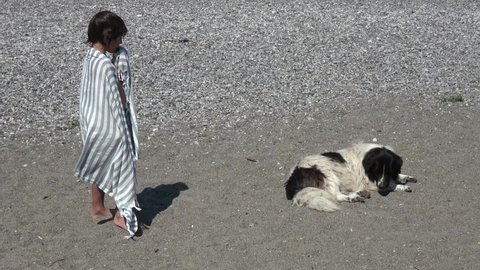 Calis beach, Fethiye, Turkey - 4th of July 2020: 4K Child and dog one to one on the beach
