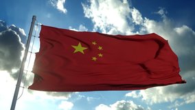 Chinese Flag Waving In Sky. China national red flag flying in clouds