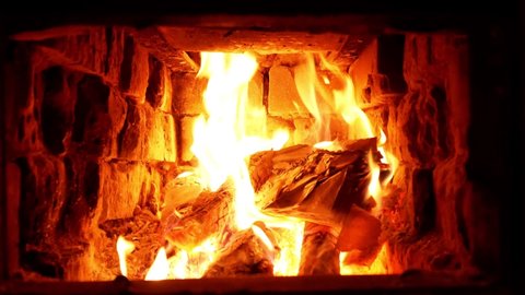 Firewood and book burns in a brick oven. Fire close-up 4k video.